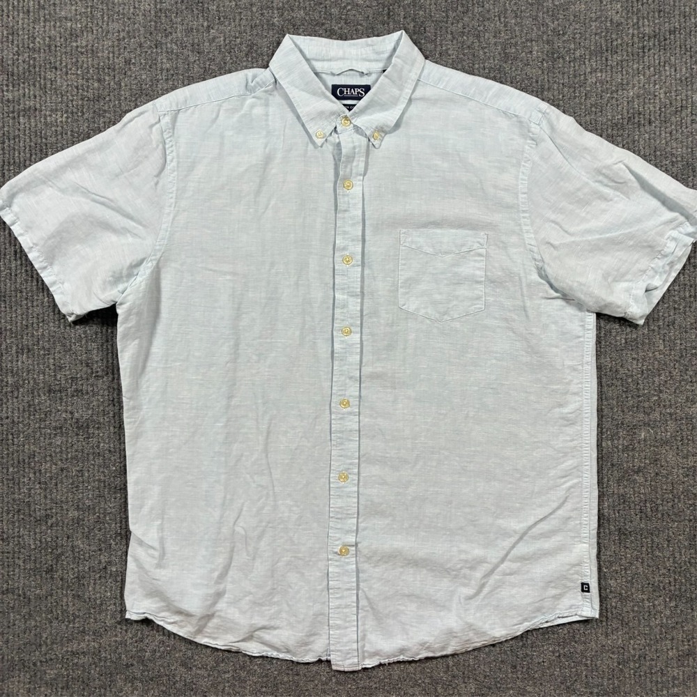 Chaps Mens Button Down Shirt Size XL Blue‎ Linen Cotton Casual Short Sleeve